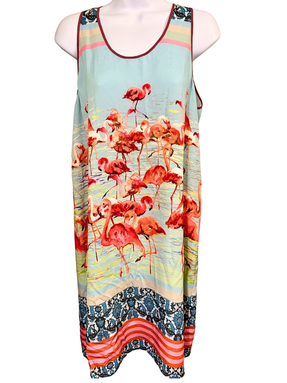 ANTHROPOLOGIE DREAM DAILY SHIFT DRESS Coastal Vacation Flamingo Blue Pink SZ L